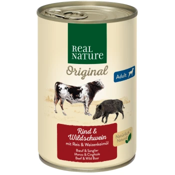 Konserviertes Haustierfutter mit der Aufschrift "Real Nature Original" für Erwachsene, mit Rindfleisch und Wildschwein, serviert mit Reis und Weizenkeimöl.