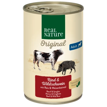 Konserviertes Haustierfutter mit der Aufschrift "Real Nature Original" für Erwachsene, mit Rindfleisch und Wildschwein, serviert mit Reis und Weizenkeimöl.