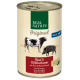 Nourriture pour animaux en conserve étiquetée "Real Nature Original" pour adultes, contenant du bœuf et du sanglier sauvage avec du riz et de l'huile de germe de blé.