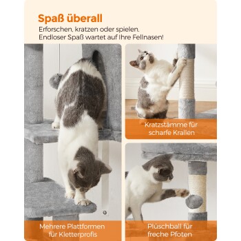 Eine verspielte grau-weiße Katze erkundet einen mehrstöckigen Kratzbaum mit Kratzpfosten und Plattformen, mit lustigen Text-Highlights.