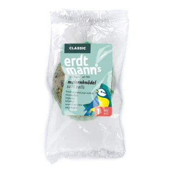 Erdtmann's Classic Fettkugel für Vögel, 1 Stück, mit einer blauen und gelben Vogelillustration auf der Verpackung.
