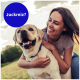 Ein lächelnder Labrador mit blauem Halsband wird von einer Person in einem grauen Shirt im Freien umarmt, mit "Juckreiz?" in einem blauen Kreis.