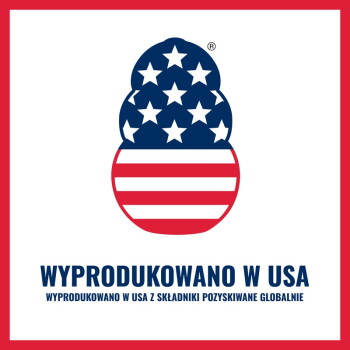 Logo łapy w barwach flagi USA nad napisem 'WYPRODUKOWANO W USA' i mniejszym 'WYPRODUKOWANO W USA Z SKŁADNIKI POZYSKIWANE GLOBALNIE'.