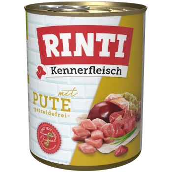 Dosenfutter für Haustiere mit der Aufschrift 'RINTI Kennerfleisch mit PUTE', das Bilder von rohem Fleisch und Leber zeigt, mit 'getreidefrei' hervorgehoben.