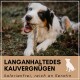 Ein glücklicher Hund mit einem dreifarbigen Fell kaut auf einem Stock in einem grasbewachsenen Bereich. Der Text lautet "LANGANHALTEDES KAUVERGNÜGEN, kalorienfrei, reich an Keratin."