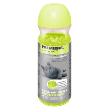 Grüne Deodorantperlen für Katzen in einer klaren Flasche mit gelbem Deckel, mit einer grauen Katze und Text über Zitronengrasduft.