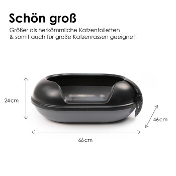 Große schwarze Katzenstreu-Box, 66 cm x 46 cm x 24 cm, geeignet für größere Katzenrassen, mit einem Text, der ihre Größe hervorhebt.