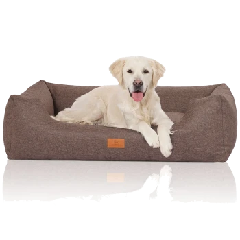 Ein Golden Retriever ruht sich bequem auf einem braunen Haustierbett mit einem Lederetikett aus, das ein gemütliches Design für Haustiere zeigt.