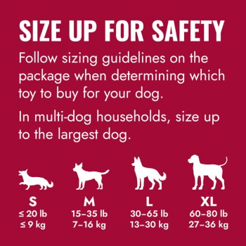 Size up for safety: follow package sizing for dog toys; size up to largest dog in multi-dog homes. Sizes S to XL with weight ranges.