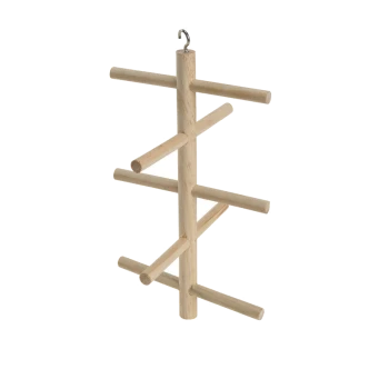 Houten vogelzitstok met meerdere horizontale stangen, ontworpen om in een huisdierkooi te hangen.