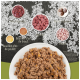 Image des ingrédients de nourriture pour animaux : bols de foie d'agneau, de reins, de poulet, de bouillon de boeuf et de viande hachée. Texte : "Protéine animale fraîche."