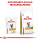 Royal Canin Urinary S/O Katzenfutterverpackung, die einen Beutel mit Nassfutter und einen Beutel mit Trockenfutter zeigt, mit Text, der die Verfügbarkeit in trockener Form angibt.