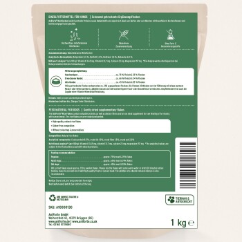 Getrocknete Ergänzungsflocken für Hunde, 1 kg Paket. Zutaten umfassen natürliche Reisflocken, mit Nährwertanalyse und Fütterungsempfehlungen.