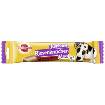 Pedigree Jumbone Riesenknochen Maxi Hundesnack mit Rind- und Geflügelgeschmack, unter 5 % Fett, mit Dalmatiner auf der Verpackung.