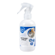 Bouteille de spray blanche étiquetée "duvo plus Refresh Spray", présentant des images d'un chien et de deux chats, prétendant neutraliser les mauvaises odeurs.