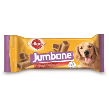 Emballage de friandises pour chien Pedigree Jumbone présentant deux friandises en forme d'os, avec un texte indiquant saveur de bœuf et de volaille et moins de 5 % de matières grasses.
