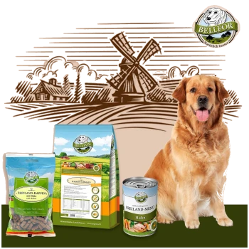 Ein Golden Retriever sitzt neben Haustierfutterprodukten: einer Tüte Trockenfutter, einer Dose Nassfutter mit der Aufschrift "FREILAND-MENU Huhn" und einer Leckerlitasche.