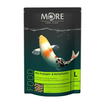 Emballage de nourriture pour koi avec un poisson koi coloré nageant, étiqueté "Koi Frühjahr- & Herbstfutter" avec des détails sur la nutrition et les ingrédients.