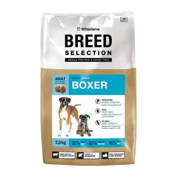 Breed Selection Hundefuttersack für Boxer (Adult), mit einzelner Proteinquelle und getreidefrei, 2,5 kg, Bild von zwei Boxern und Nährwertangaben.