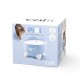 Catit Pixi Katzenbrunnen in hellblauer Farbe, mit einem verspielten Design mit Katzenohren und Schnurrhaaren, in seiner Verpackung präsentiert.