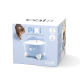 Catit Pixi Katzenbrunnen in hellblauer Farbe, mit einem verspielten Design mit Katzenohren und Schnurrhaaren, in seiner Verpackung präsentiert.