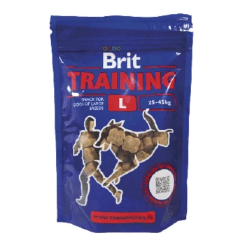 Niebieskie opakowanie przysmaków dla psów Brit Training dla dużych ras (25-45 kg), z sylwetką psa i osoby.