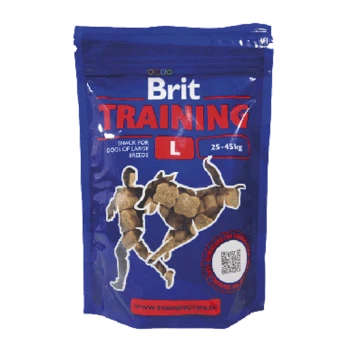 Blaue Verpackung von Brit Training Hundesnacks für große Rassen (25-45 kg), mit einer Silhouette eines Hundes und einer Person.