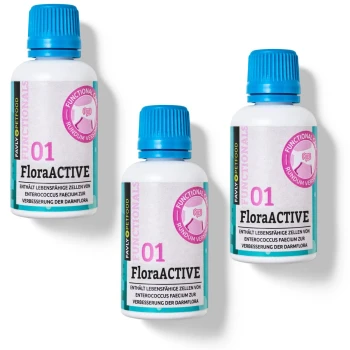 Drei Flaschen des Haustierergänzungsprodukts "Gastro Liquid," beschriftet mit "01" und "Functional Care," mit Text über Enterococcus faecium für die Darmgesundheit.