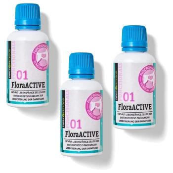 Drei Flaschen des Haustierergänzungsprodukts "Gastro Liquid," beschriftet mit "01" und "Functional Care," mit Text über Enterococcus faecium für die Darmgesundheit.