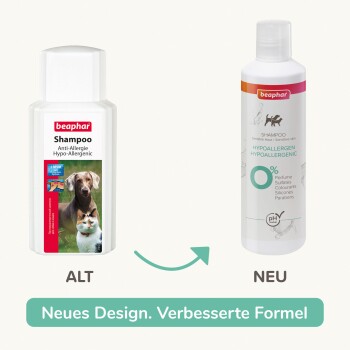 Beaphar hypoallergenes Haustiershampoo alte und neue Flaschendesigns mit Text „Neues Design. Verbesserte Formel“