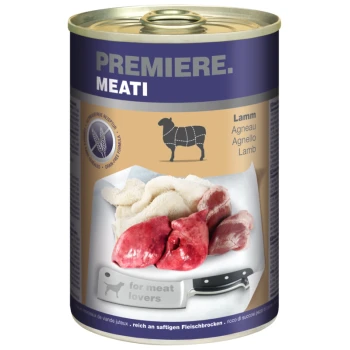 Meati Agneau 6x400 g Boîte de nourriture pour animaux de compagnie étiquetée "Premiere Meati" présentant des morceaux d'agneau crus, y compris du foie et du cœur, avec un couteau et le texte "pour les amateurs de viande."