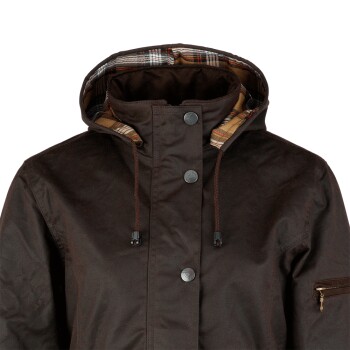 Braune wasserdichte Hundejacke mit kariert gefütterter Kapuze und Druckknöpfen, für den Außenschutz von Haustieren konzipiert.