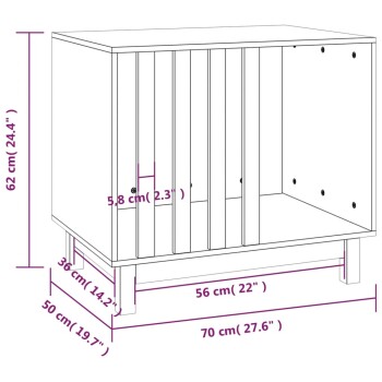Illustration eines Haustieraufbewahrungsschranks mit beschrifteten Abmessungen: Höhe 62 cm, Breite 70 cm, Tiefe 36 cm, mit mehreren Fächern.