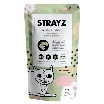 Katzenfutterverpackung für 'STRAYZ' mit einer verspielten Katze, mit 'Nassfutter Huhn & Zucchini', 95% Fleisch und Bio-Zertifizierung.