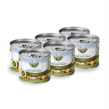 Sechs Dosen Bellfor Haustierfutter, beschriftet mit "FREILAND-MENÜ Huhn," mit einem Design, das Bilder von Huhn und Gemüse zeigt.