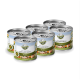 Sechs Dosen Bellfor Haustierfutter, beschriftet mit "FREILAND-MENÜ Huhn," mit einem Design, das Bilder von Huhn und Gemüse zeigt.