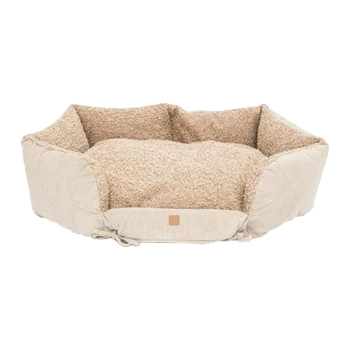 Beiges, achteckiges, plüschiges Hundebett mit erhöhten Seiten, Cord-Außenstoff und sherpagefüttertem Kissen.