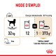 Tableau d'instructions pour nourrir un Labrador Retriever de 32 kg, montrant 12 tasses de nourriture ou 1 tasse plus 373g, avec des informations énergétiques de 827 kcal/kg.