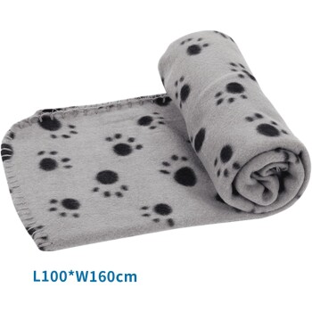 Graue Fleece-Haustierdecke mit schwarzen Pfotenabdrücken, teilweise aufgerollt, Größe L100*B160cm im Bild sichtbar.