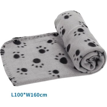 Graue Fleece-Haustierdecke mit schwarzen Pfotenabdrücken, teilweise aufgerollt, Größe L100*B160cm im Bild sichtbar.