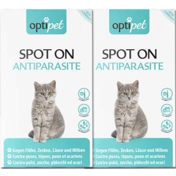 Zwei Boxen von OptiPet Spot On Antiparasitenbehandlung für Katzen, die eine graue Katze und mehrsprachige Gebrauchsanweisungen für Flöhe, Zecken und Milben zeigen.