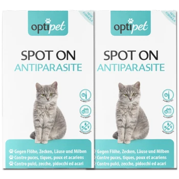 Zwei Boxen von OptiPet Spot On Antiparasitenbehandlung für Katzen, die eine graue Katze und mehrsprachige Gebrauchsanweisungen für Flöhe, Zecken und Milben zeigen.