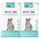 Zwei Boxen von OptiPet Spot On Antiparasitenbehandlung für Katzen, die eine graue Katze und mehrsprachige Gebrauchsanweisungen für Flöhe, Zecken und Milben zeigen.