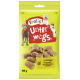Frolic Hundeleckerlitasche mit drei Hunden auf gelbem Hintergrund, mit "Unterwegs" und "mit Geflügel, Hergestellt mit natürlichen Zutaten."