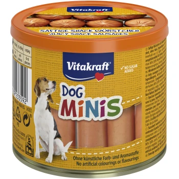 Eine Dose Vitakraft Dog Minis mit einer Beagle-Illustration, die saftige Snackwürstchen und den Text "Kein Zucker hinzugefügt" zeigt.