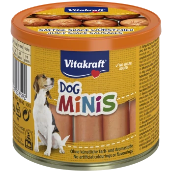 Eine Dose Vitakraft Dog Minis mit einer Beagle-Illustration, die saftige Snackwürstchen und den Text "Kein Zucker hinzugefügt" zeigt.