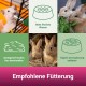 Collage aus Kaninchen und einem Hamster mit deutschem Text zur Fütterung: "Stets frisches Wasser", "Genügend frisches Heu bereitstellen" und "Täglich als Ergänzung anbieten."