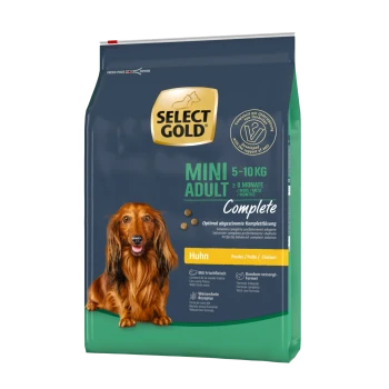 Select Gold Mini Adult Hundefutterbeutel, 5-10 kg, geeignet für Hunde über 8 Monate, mit Huhn als Hauptzutat.