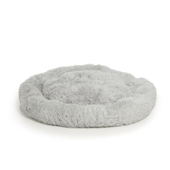 Weiches, rundes graues Haustierbett mit flauschiger Textur, entworfen für Komfort und Entspannung.
