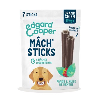 Bâtonnets Edgard & Cooper Mâch' Sticks menthe, fraise pour chien - lot : pour les grands chiens (à partir de 25 kg, 21 sticks)